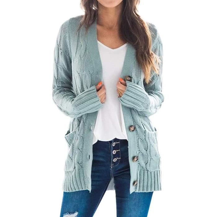 Femme Cardigan Ouver boutonné Gilets Manches Longues Cardigan Les Poches Veste Long Tricoté Pull Manteau Vert