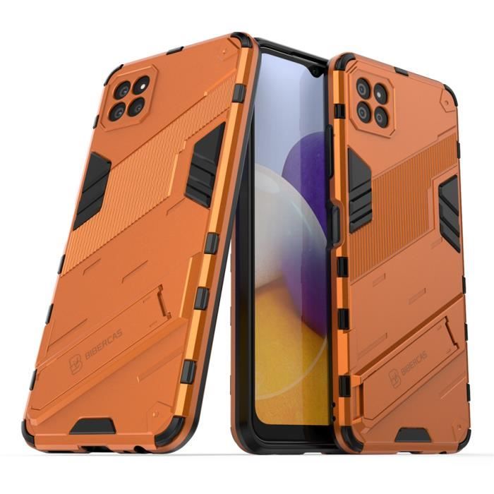 Coque Samsung Galaxy A22 (5G), Orange Antichoc Armure Dur Robuste Support Punk Bumper Protection Double Couche Renforcée
