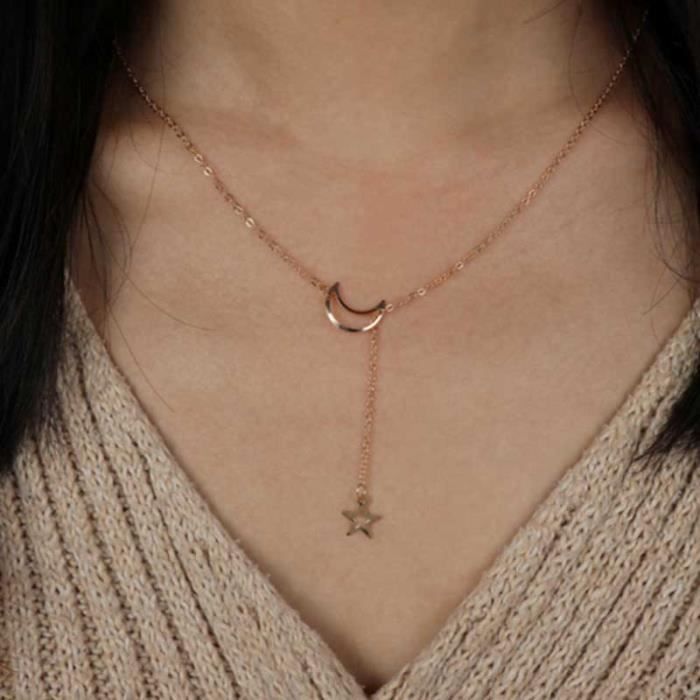 SHOP-STORY - MOON STAR GOLD : Le Collier Sautoir Pendentif Lune et Étoile
