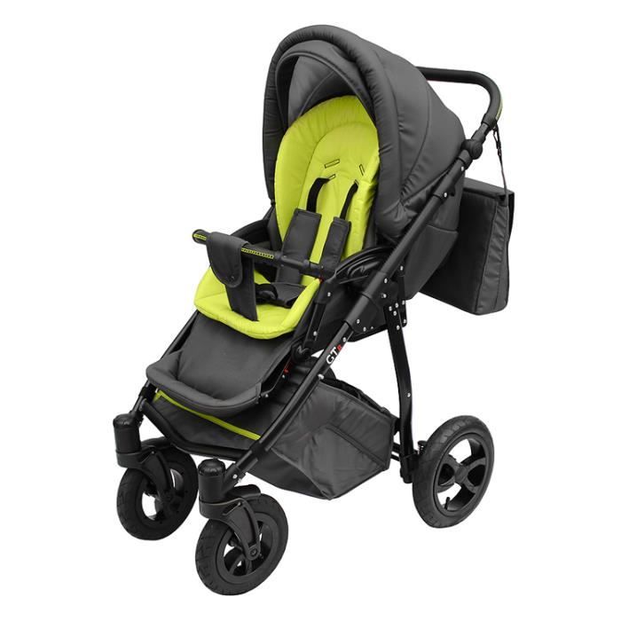 Poussette avec look sportif + accessoires & cadre en aluminium et roues gonflables bébé enfant GTr - Verte.