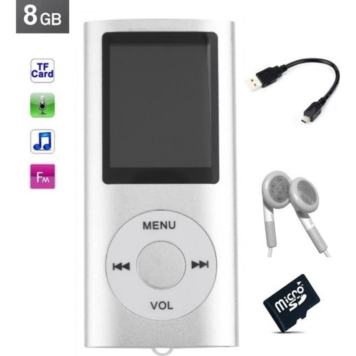 Lecteur MP3 MP4 - radio fm - à carte mémoire Micro sd - Gris + carte 8 Go