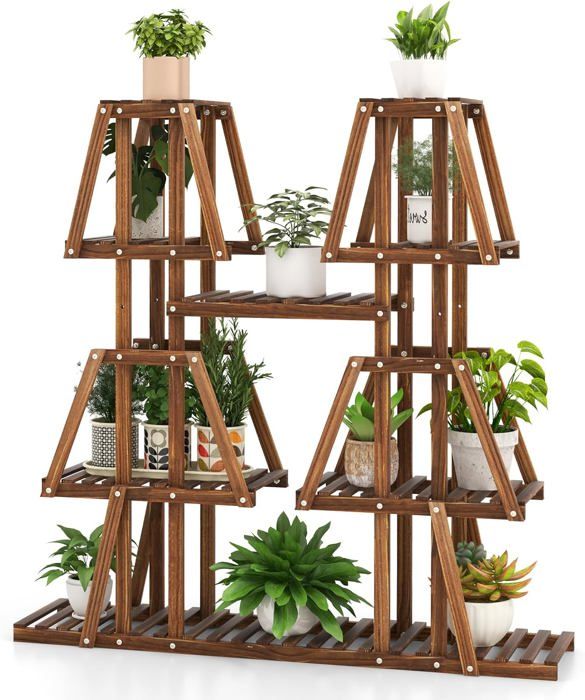 Ovshnrr Support De Plantes 6 Niveaux En Métal Et Bois - Étagère à Fleurs Intérieur Extérieur Pour Salon Balcon Jardin