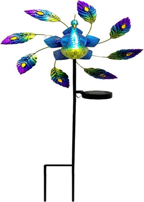 Éolienne Solaire Paon Multicolore 78,7 Cm – Jardin Extérieur, LED Solaires, Étanche, Rotative, Piquet Inclus