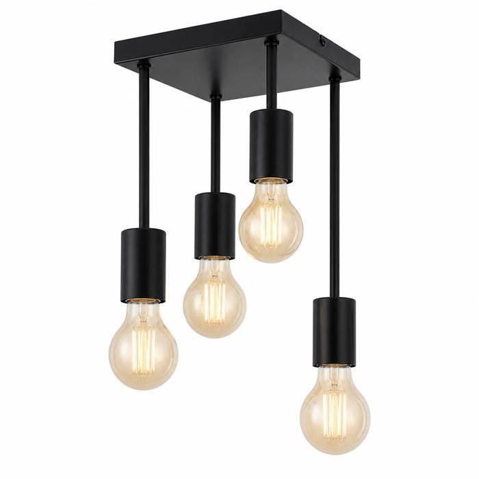 Plafonnier Industriel NETTLIFE E27 4 Spots Noir en Métal Base Carré Lampe plafond Vintage Design pour Salon Cuisine Chambre