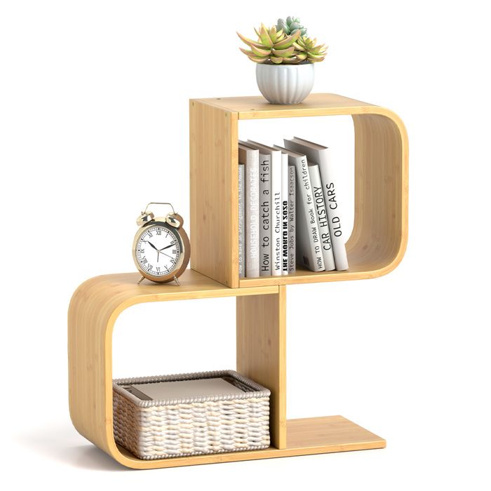 COSTWAY Bibliothèque à 2 Niveaux Forme de S Etagère dAngle Géométrique en Bambou avec 2 Cubes Ouverts pour Salon Bureau Chambre