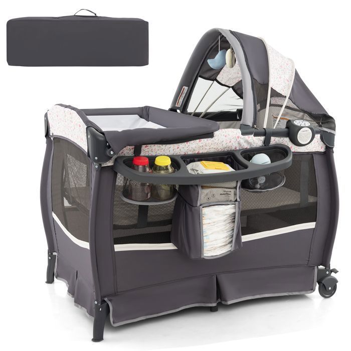 Lit Parapluie Bébé Pliant COSTWAY 4 en 1-avec Matelas Boîte à Musique Toit Réglable-Table à Langer Rabattable-3 Ans-Gris Fleuri