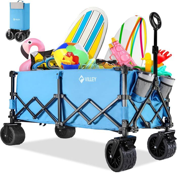 VILLEY Chariot De Plage XXL Pliable 220 L – 150 Kg, Tout-Terrain Avec Freins, Roues Géantes, Poignée Télescopique – Idéal Camping, Pique-Nique, Jardin (Bleu)