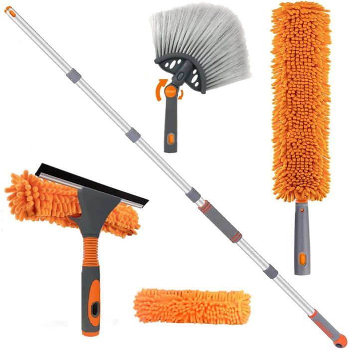 Nettoyeur De Vitres Et Plumeau Kit De Nettoyage De Vitres Pour Plafonds Hauts Avec Manche Télescopique Long Extensible Et Essuie-G