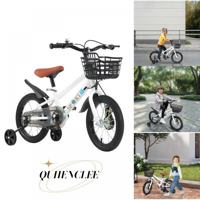 Vélo enfant 12 pouces avec panier et roues auxiliaires Blanc