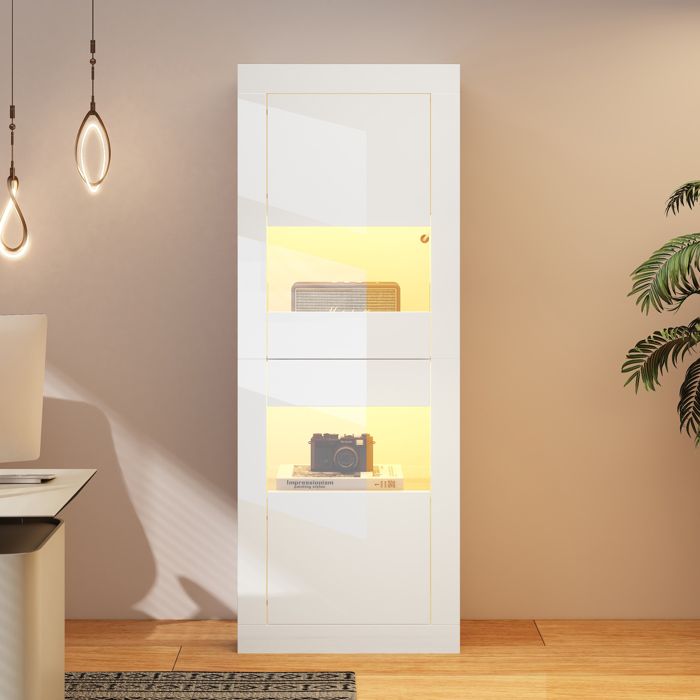 Vitrine haute brillance 61x42x162cm - Avec éclairage LED - 1 étagère en verre - Avec 2 portes - blanc