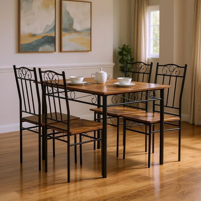 Table à manger - FURNITURER - Lot 5 pièces - Aspect bois - Structure métal - Style industriel Table à manger - FURNITURER - Lot 5 pièces - Aspect bois - Structure métal - Style industriel