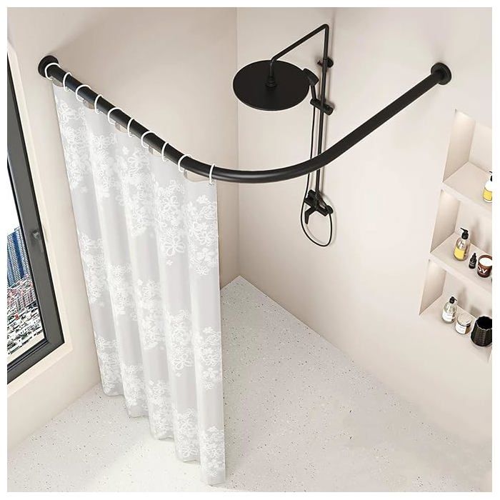 Tringle à rideau de douche sans perçage en forme de L réglable en acier inoxydable pour rideau de douche salle de bain 75-95cm