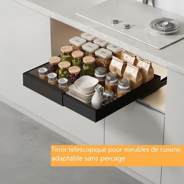 Tiroir coulissant extensible - HOME NATURE WOHNKONZEPT - 32–52×42×75 cm - Sans perçage - Acier au carbone - 3 rails silencieux