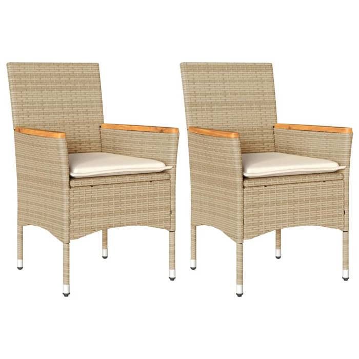 Chaises de jardin en résine tressée - JILL - Lot de 2 - Beige - 53x61x83 cm - Résistance aux UV - Coussins blancs crème
