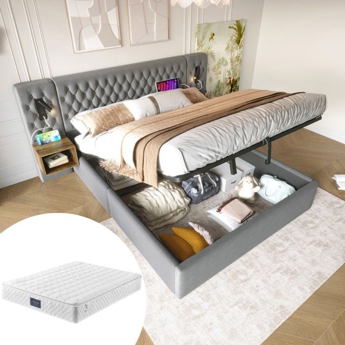 Lit double 160x200 avec tête de lit LED USB 2 tables de chevet coffre hydraulique velours gris et matelas(avec Matelas) Lit double 160x200 avec tête de lit LED USB 2 tables de chevet coffre hydraulique velours gris et matelas(avec Matelas)