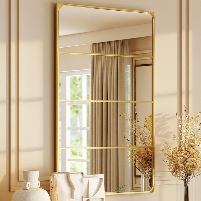 Miroir mural verrière HOMCOM rectangulaire style industriel horizontal ou vertical avec 4 crochets en métal doré - 109 x 69 cm