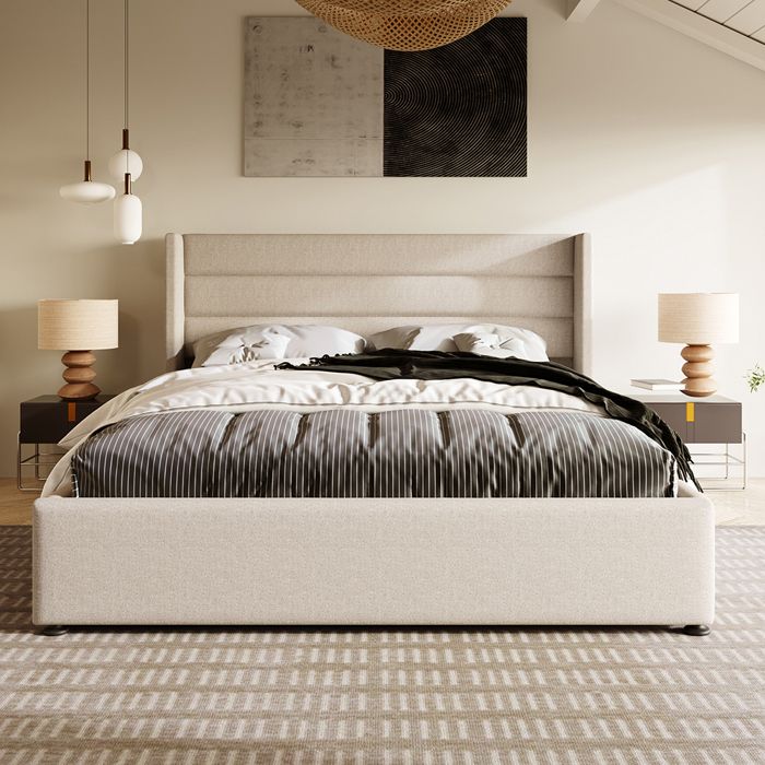 Lit Coffre 180 x 200 cm Lit Adulte avec Rangement Lit Double avec Sommier à Lattes Tissu en Lin Beige