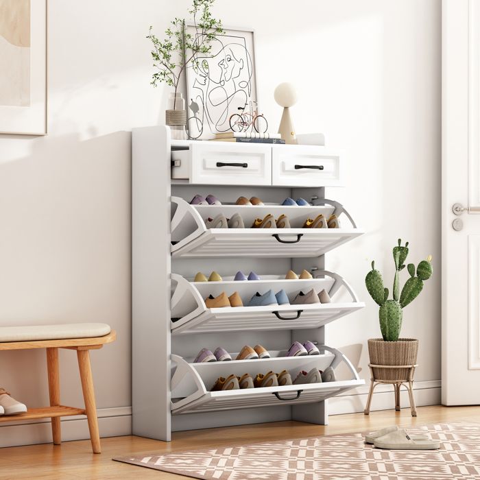 Meuble à Chaussures en Bois 80x23.5x131 cm Armoire à Chaussures avec 3 Portes 2 Tiroirs de Rangement - Entrée et Salon - Blanc