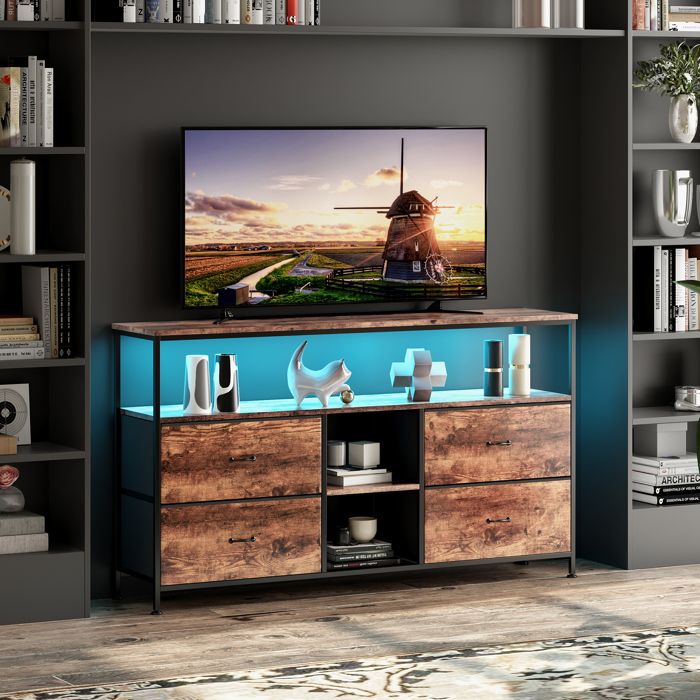 Meuble TV avec éclairage LED Dimensions&nbsp;: 137 x 30 x 78 cm doté de 4 tiroirs en tissu et détagères ouvertes Brun