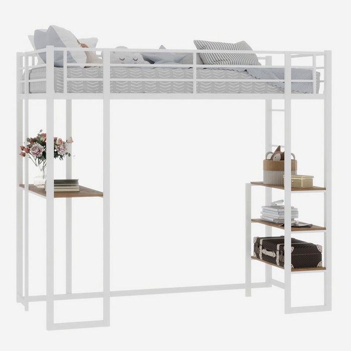 Lit Mezzanine Cadre En Fer Blanc 90x190cmLit Enfant Jeune Avec Bureau Forme L Balustrade Et Escaliers Des Deux Côtés Sans Matelas