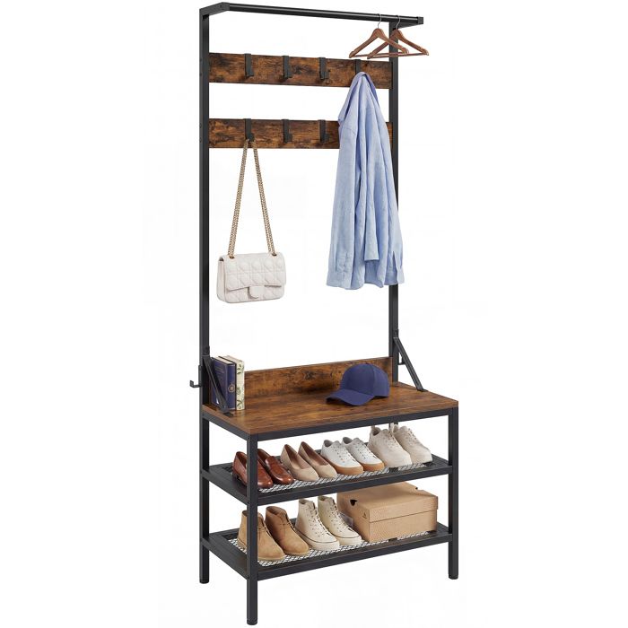 Porte-manteau BALCONERA avec rangement pour chaussures et 9 crochets Marron