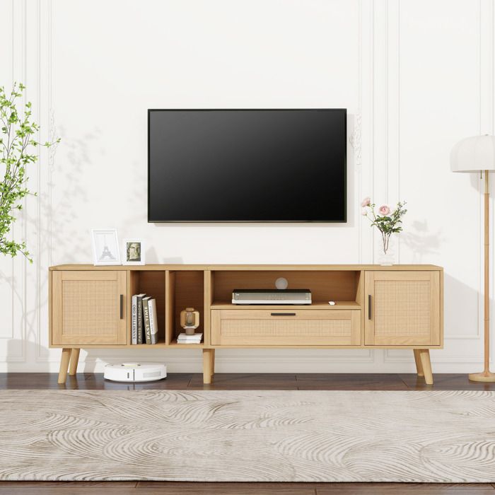 Meuble TV 180 cm Cannage Rotin pour Écran 80 Pouces Banc TV Scandinave Bois avec 2 Portes 1 Tiroir et Passe-Câbles 180x40x54 cm