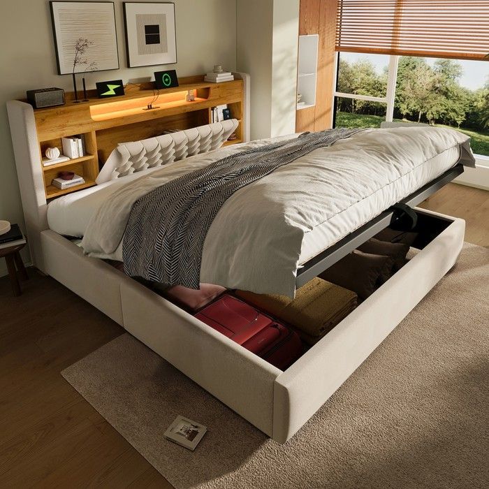 Lit coffre hydraulique 180x200cm Lit double capitonné en lin avec éclairage LED ports USB rangement sommiers à lattes - beige