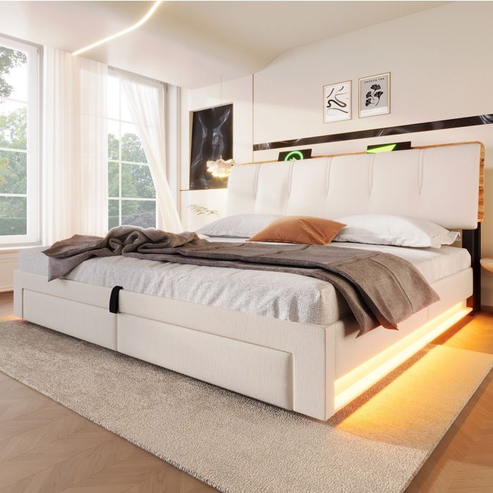 Lit coffre 180 x 200 cm en lin beige avec LED USB et Type-C tête de lit rembourrée et rangements sans matelas