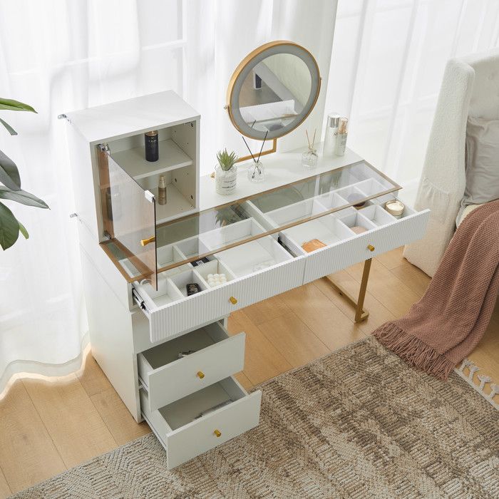 MEULVA Coiffeuse 120 x 45 x 115 cm avec miroir LED 3 couleurs plateau en verre trempé blanc et doré sans tabouret