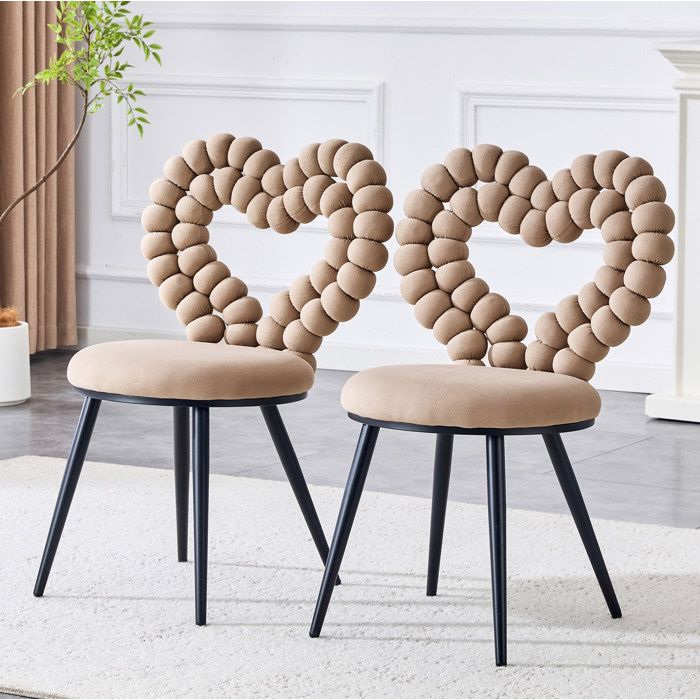 Chaise de salle à manger lot de 2 avec dossier ajouré en cœur - ELVMI - velours pieds métal noir beige