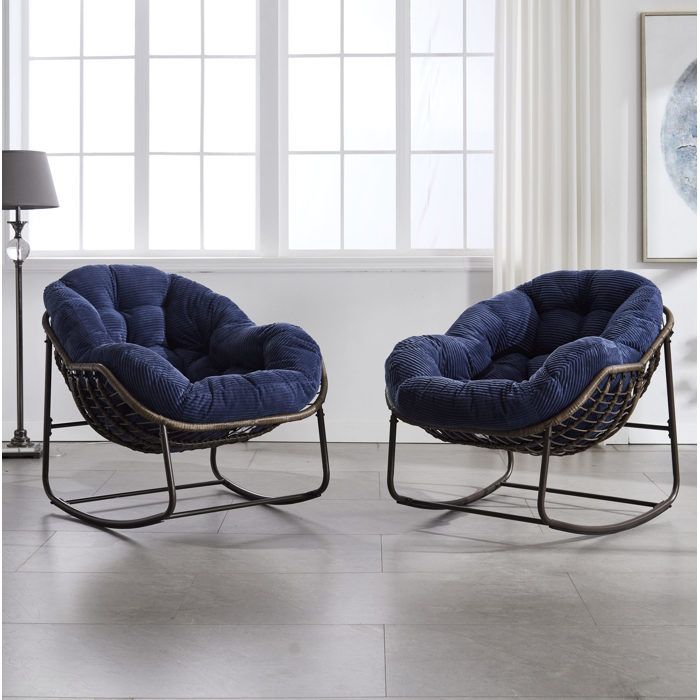 Rocking-chair Grand Format avec Coussin Rembourré - MODENVIE - Dossier Ergonomique Acier Rotin Synthétique Bleu Marine