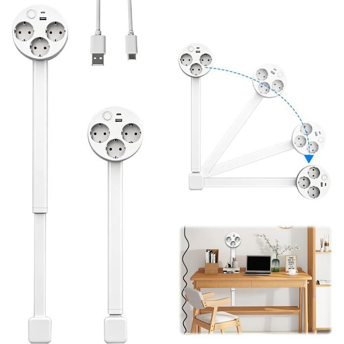 Rallonge De Prise Extensible 3 Prises Avec Usb C Et Usb A Multiprise Escamotable Avec Interrupteur Extensible De 47 À 67 Cm