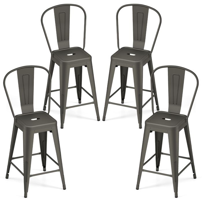 COSTWAY Lot de 4 Tabourets de Bar Métalliques Empilables Charge 160 kg Dossier Haut Ergonomique Comptoir Salle à Manger Gris COSTWAY Lot de 4 Tabourets de Bar Métalliques Empilables Charge 160 kg Dossier Haut Ergonomique Comptoir Salle à Manger Gris