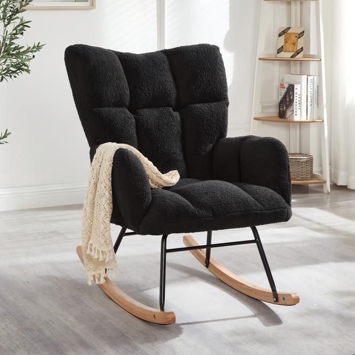 Fauteuil à bascule tissu doux cadre bois et métal renforcé 69×89×101 cm pour salon lecture chambre bureau balcon design scandinave