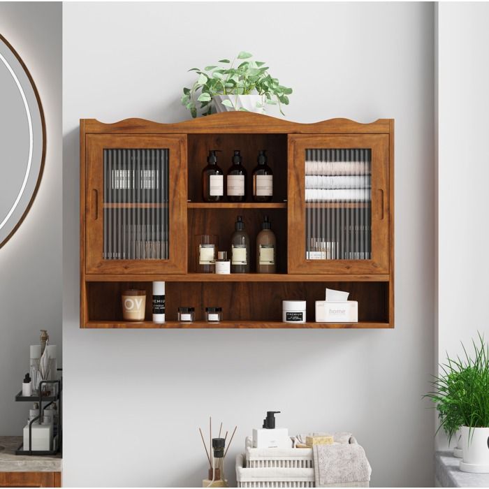 Vitrine murale – Meuble de rangement – 2 portes coulissantes en verre – Marron – 90 x 20 x 60 cm