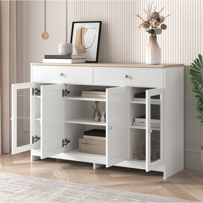 Buffet bahut bas 120 cm 4 portes vitrées 2 tiroirs MDF blanc et aspect bois étagères réglables VEVXYN