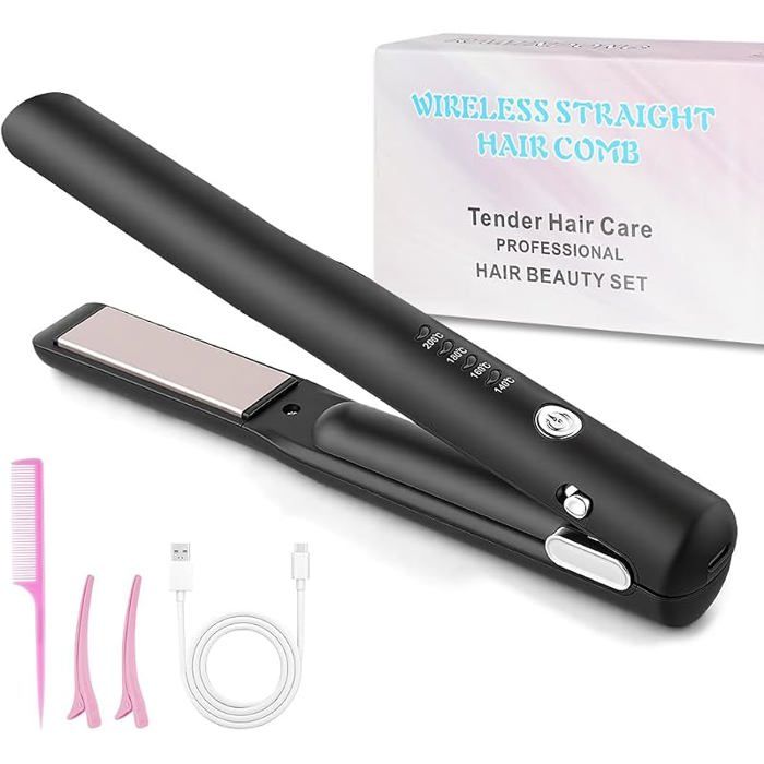 2 en 1 Lisseur et boucleur sans fil mini lisseur portable de voyage rechargeable par USB 4 températures mini fer à Noir LISSEUR