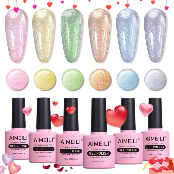 AIMEILI Soak Off UV LED Coloré Vernis à Ongles Gel Semi-Permanent Paillette Shimmer Gel Polish 6pcs X 10ml- Kit 50