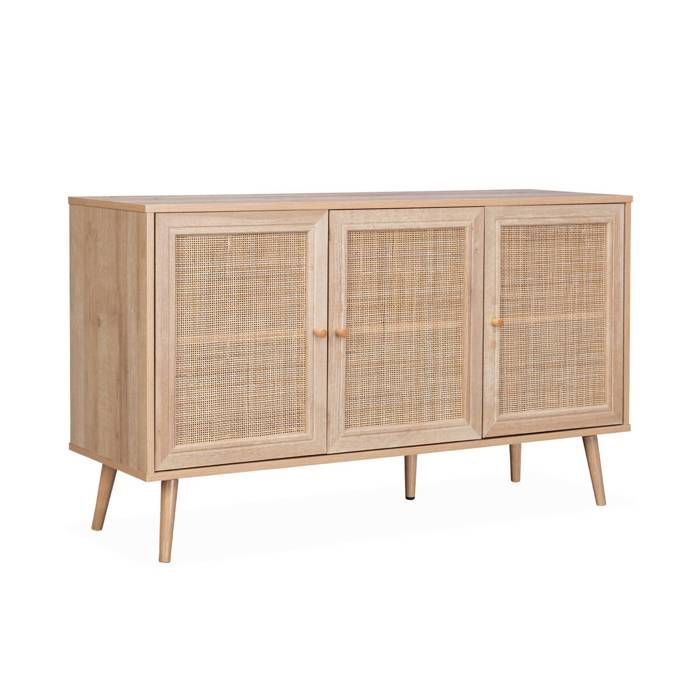 Buffet de rangement en cannage 120x39x70cm - Bohème - 2 niveaux. 3 portes. pieds scandinaves. buffet bas