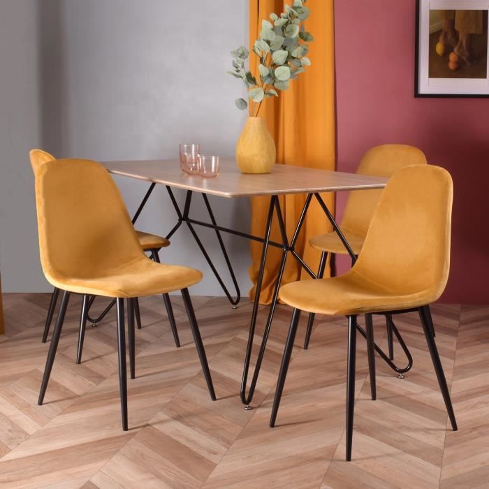 Lot de 4 Chaises Scandinave Fauteuil Industriel Velours Jaune Pied