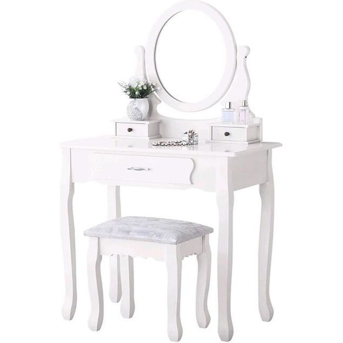coiffeuse avec miroir réglable - marque - modèle - blanc - 3 tiroirs - bois massif