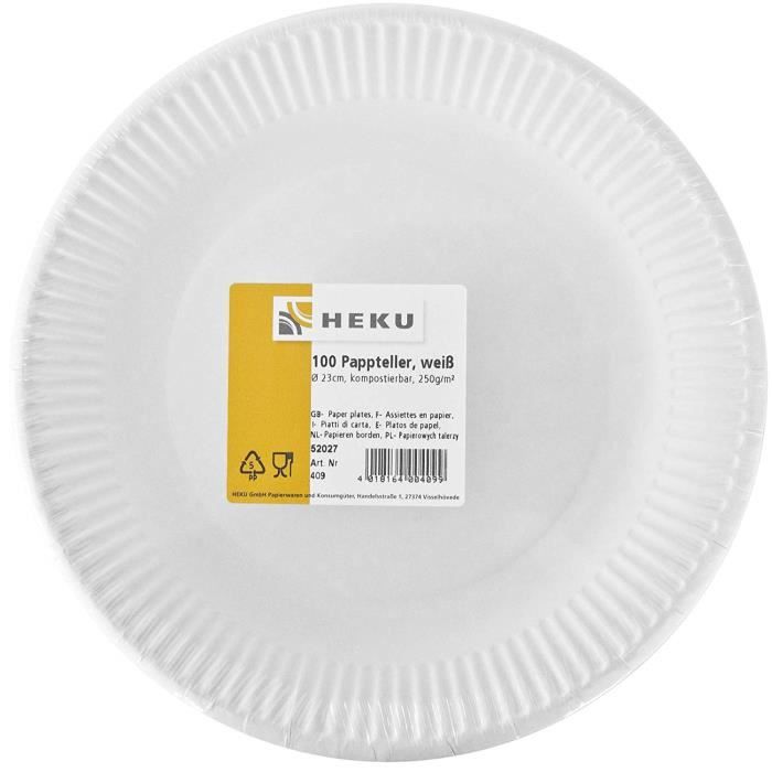 HEKU 30409 Lot de 100 assiettes en carton rondes Blanc Ø 23 cm