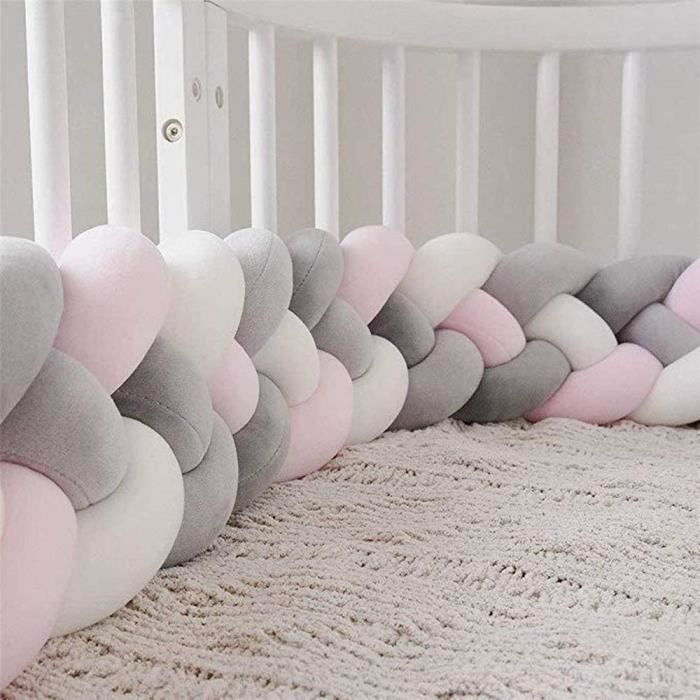 Oyfel Tour de Lit Bebe Tresse 4 Partages Tresse Protection Lit Bebe 2m Bébé Coussin Serpent Tressé Pare-chocs pour Lit Bebe Berceau Rose, 2M 