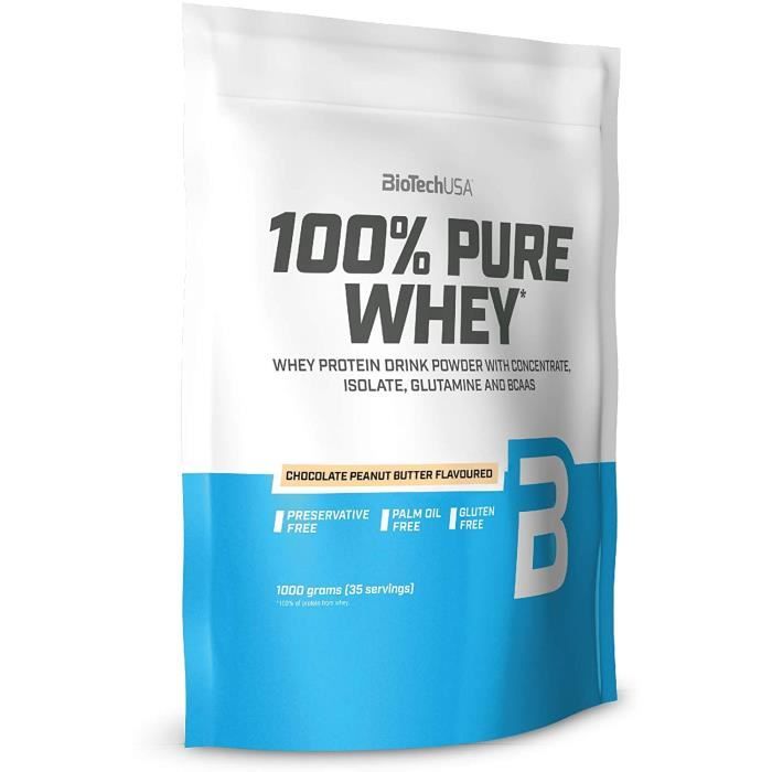 BioTechUSA 100% Pure Whey Complexe de protéines de lactosérum, avec d'acides aminés et d'édulcorants ajoutés, Sans gluten, sans