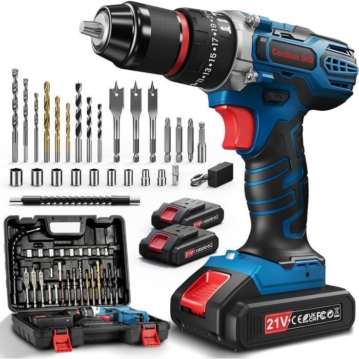Perceuse Percussion AKZWOXRO 21V, Visseuse Devisseuse Avec 2 Batteries 2.0Ah, 42Nm Percussion, 25 3 Réglages De Couple, 30 Accessoires, 2 Vitesses, LED, Pour Le Bricolage Perceuse Visseuse Sans Fil