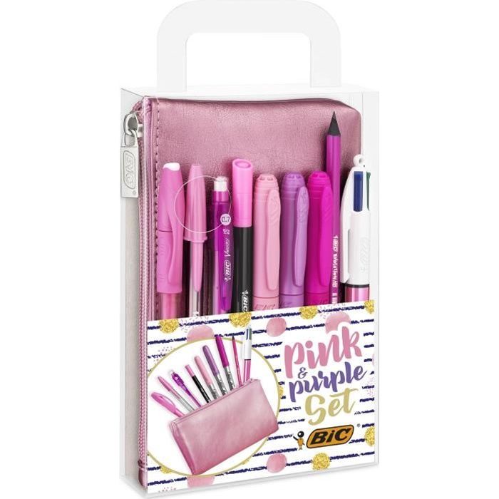 BIC Pink & Purple Party Set - 1 Trousse, 2 Stylos-Bille/1 Stylo Gel Effaçable/1 Crayon à Papier avec Gomme/1 Stylo