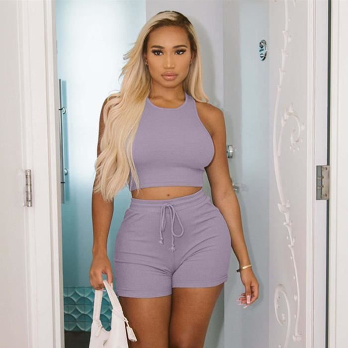 HLJ Ensemble de sport decontracte pour femme short rose avec lettres tenue d ete deux pieces assorties survetement purple solid Blanc Cdiscount Pret a Porter