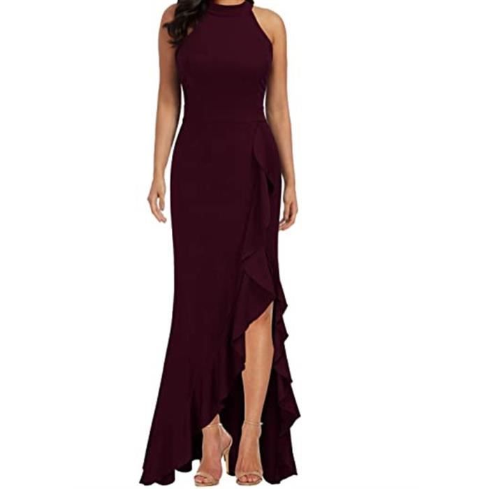 Robe longue de cocktail de soir?�e sir?�ne fendue ?� col haut pour femmes red - Cdiscount Pr??t-?�-Porter