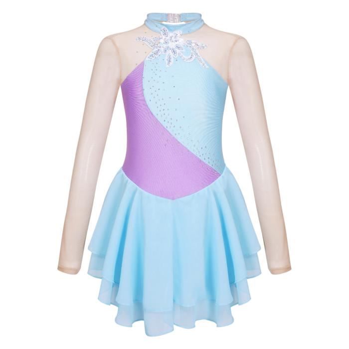 Robe Danse/Patinage Fille - Justaucorps Strass, Manches Longues, Jupe Asymétrique