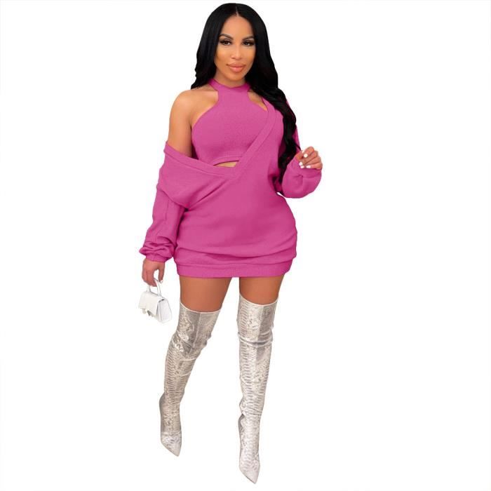 Robe Vetements de rue pour femmes Gilet court robe ample Sexy a col en V Long Sleeve rose red Blanc Cdiscount Pret a Porter